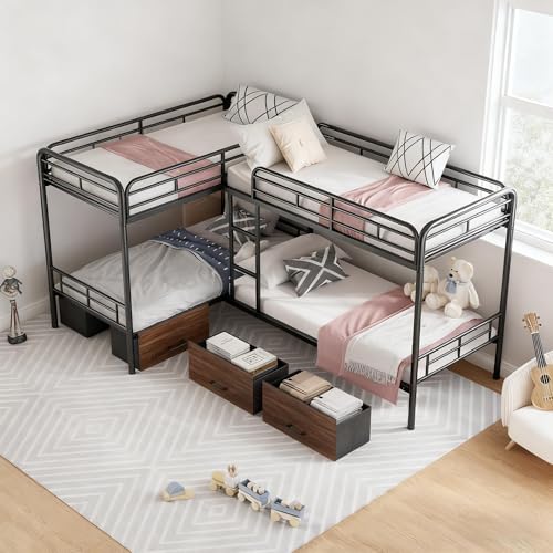 KMBOHE Twin L-Shaped Quad Bunk Bed with Storage Drawers, for 4 Kids/Teens/Adults, Heavy-Duty Metal Corner Bed with Ladder and Full-Length Guardrail, Space Saving Design, No Box Spring Needed, Black KMBOHE