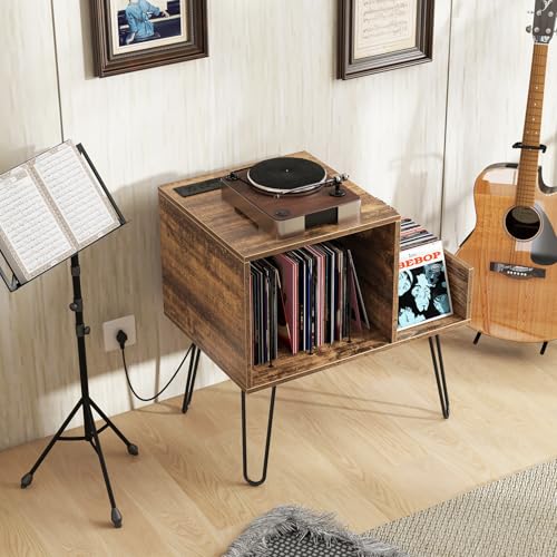 Giantex Record Player Stand with Charging Station, Turntable Stand with Vinyl Divider & Display Shelf, Mid-century Modern End Table Holds Up to 150 Albums, Vinyl Record Storage Cabinet for Living Room Giantex