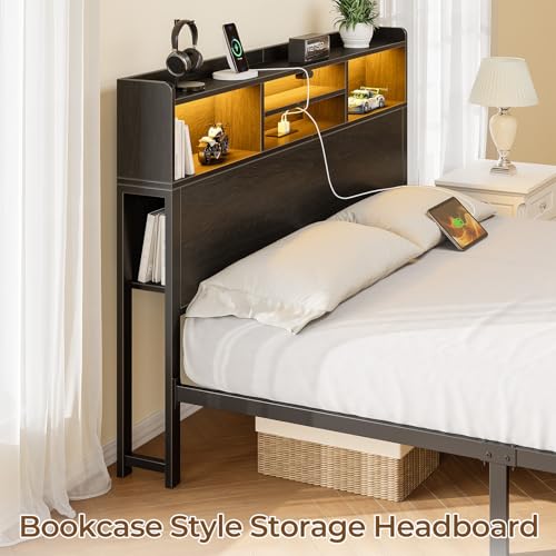 Rolanstar Queen Bed Frame with Storage Headboard & Side Shelf, Metal Platform Bed with Charging Station, LED Bed Frame, Easy Assembly, Noise-Free, Black Rolanstar
