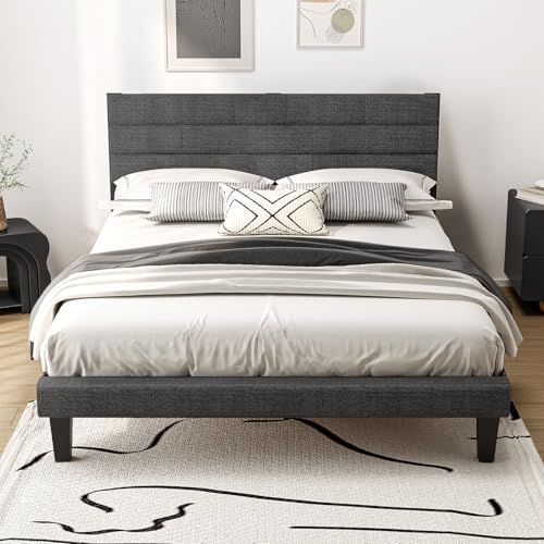 VINGLI Full Bed Frame with Headboard,Upholstered Platform Bed with Adjustable Headboard,Heavy Duty Slats Support,Mid Century Modern,Noise Free, No Box Spring Needed, Dark Gray VINGLI