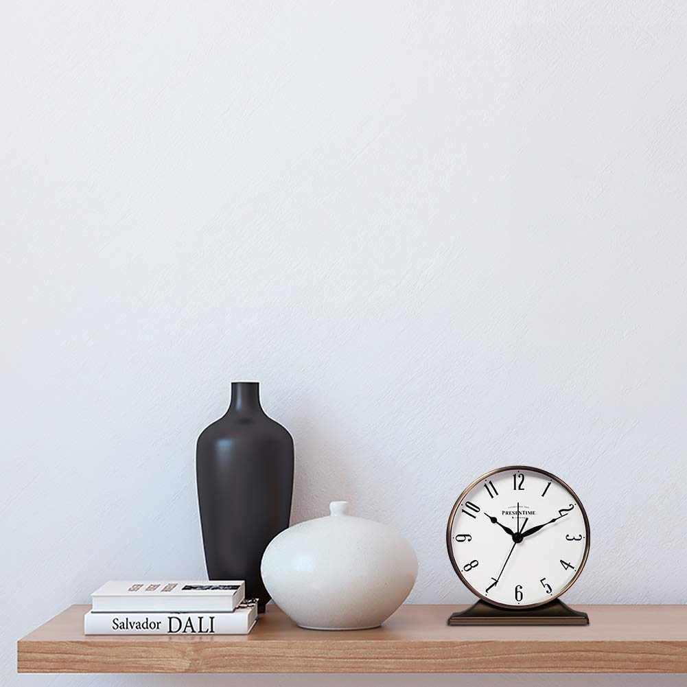 Presentime & Co Lewis Mantel Alarm Clock, Desk and Shelf Clock, Tabletop Decoration, 5.5 x 5 inch, Silent no Ticking, Metal Base, Bronze Finish, Arabic Numeral Presentime