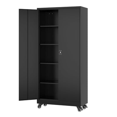 Fesbos Metal Rolling Storage Cabinet-74.6” Tall Steel File Cabinets with Wheels Lockable Doors and Adjustable Shelves-Black Steel Storage Cabinet for Home, School, Office, Garage