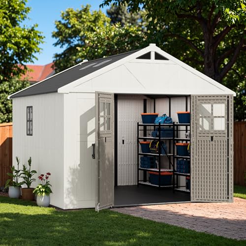 Greesum 10×10 FT Plastic Outdoor Storage Shed with Floor and Lockable Door, Resin Sheds with Windows and Skylights, Weather Resistant Organization for Garden, Lawn, Pool Supplies, Beige Greesum