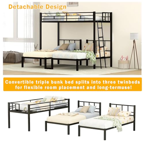 CXRCY Heavy Duty Triple Bunk Bed, Twin Over Twin Over Twin with Guardrails, Inclined Ladder & Storage, Detachable Metal Bunk Bed for 3, Converts to 3 Separate Twin Beds CXRCY