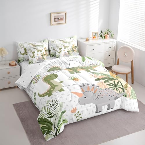 Feelyou Kids Cute Dinosaur 7 Piece Bedding Set King Size Cartoon Green Dinosaur Comforter Set with Sheets for Boys Girls Teens Cute Animal Bed in a Bag Coconut Plant Bed Set Feelyou