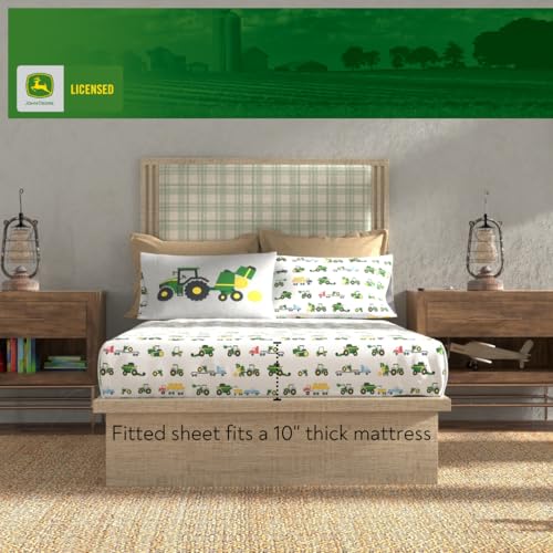 Franco Kids John Deere Farm Equipment Bedding 4 Piece Super Soft Reversible Comforter and Sheet Set, Twin, (Officially Licensed Product) Franco