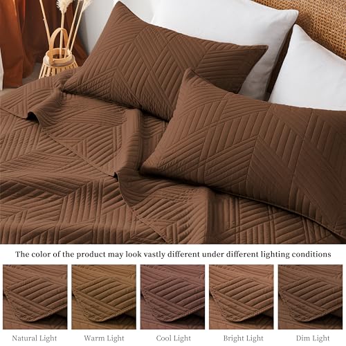 Davulos Twin Quilt Set, Brown Lightweight Reversible Bedspread for All Seasons, Soft Modern Microfiber Geometric Coverlet for Kids or Guest Bedroom (1 Quilt, 1 Pillow Sham) Davulos