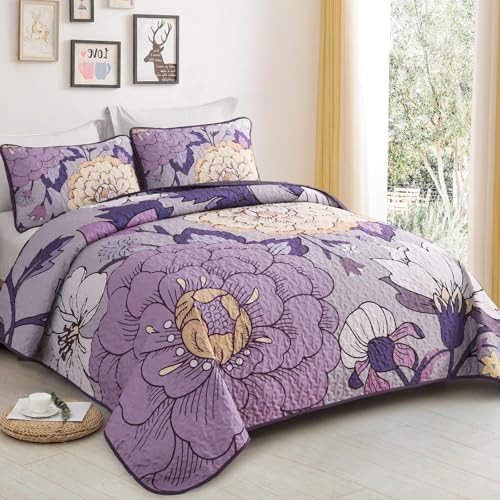 DJY Floral Quilt Set King Size Purple Boho Bedspread Coverlet Set, 3 Piece Microfiber Bohemian Botanical Farmhouse Floral Quilt Bedding Set with 2 Pillowcases for All Season (110''x90'') DJY
