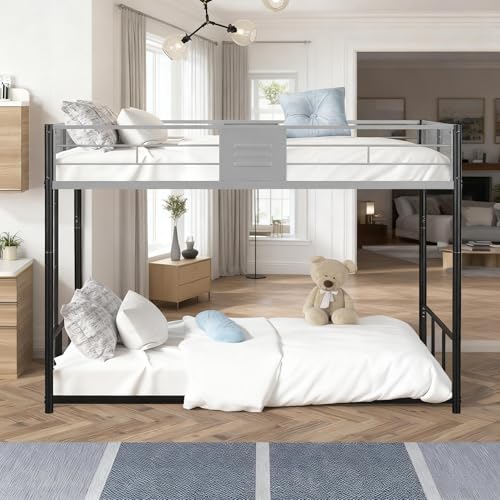 KMBOHE Metal Twin Over Twin Low Bunk Bed with Vent Board, Heavy Duty Steel Frame with Safety Guardrail and Noise Reducing Design, CPC Certified Bunk Bed for Kids and Teens, Black KMBOHE