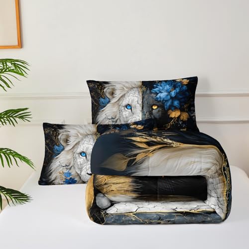 lneffble Lion Print Comforter Set King Size for Kids Boys,Black White Lion and Flower Pattern Bedding Set,Microfiber Tropical Safari Wild Animal Quilt Set with 2 Pillowcases lneffble
