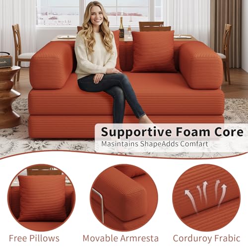 BSHOMGI Folding Sofa Bed, 4 in 1 Convertible Sofas to Lounger Comfy Single Bean Bag Chair Floor Portable Foldable Sleeper Lazy Futon Couch Chair for Bedroom, Living Room (Orange, 53.15" Double Sofa) BSHOMGI