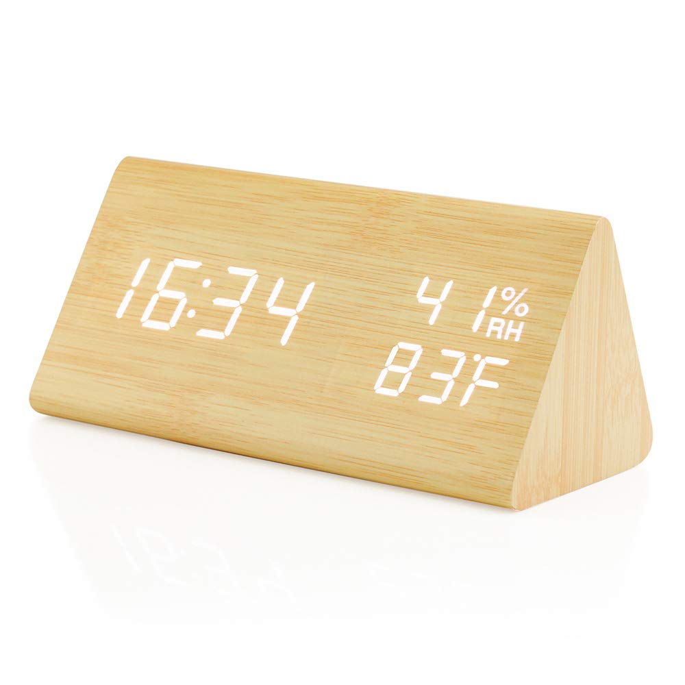 OCT17 Wooden Alarm Clock, Wood Alarm Clock Smart LED Digital Clock for Bedroom/desks, Upgraded with Time Temperature, Adjustable Brightness and Voice Control, Humidity Displaying - Bamboo OCT17