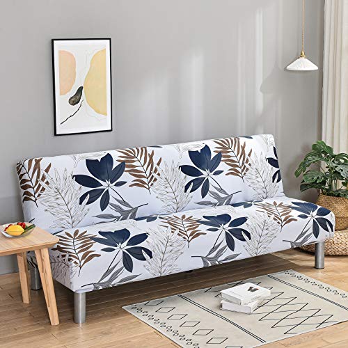 MIFXIN Armless Sofa Cover Futon Slipcover Stretch Elastic Folding Sofa Bed Non-Armrest Couch Furniture Protector Spandex Printed Washable Sofa Cover Without Armrests (Grey Blue Leaf) MIFXIN