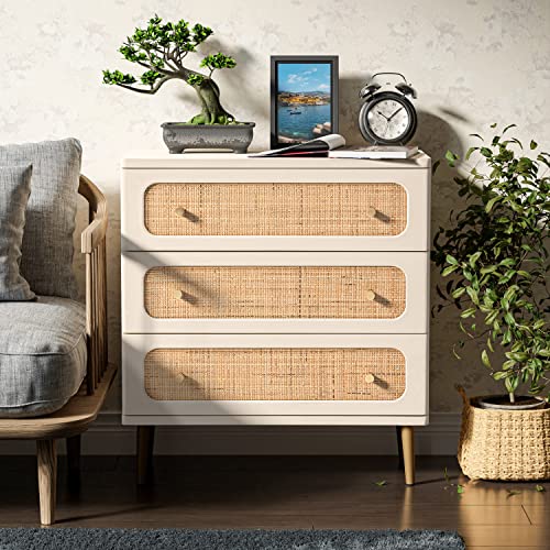 LONYKE Wicker Rattan Chest of Drawers, 3-Drawer Dresser, White Finish Wooden Storage Cabinet, Modern Farmhouse Accent Table, Boho Mid-Century Coastal Sideboard LONYKE