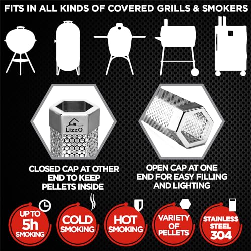 LIZZQ Premium Pellet Smoker Tube 12 inches - 5 Hours of Billowing Smoke - Hot or Cold Smoking - for Any Grill or Smoker - An Easy and Safe Way to Provide Smoking - Free eBook Grilling Ideas & Recipes LIZZQ