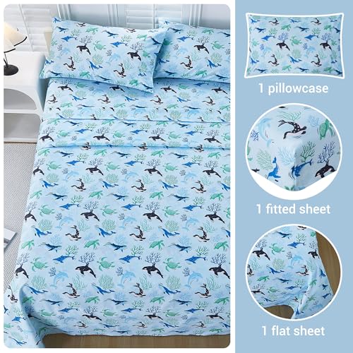 Viviland 3 Pieces Boys Blue Ocean Twin Sheet Set - Soft Microfiber Fitted Flat Sheets & Pillowcase - Blue Ocean Whales, Sea Turtles, Marine Organisms Bedding Sets - for Kids & Toddlers Viviland