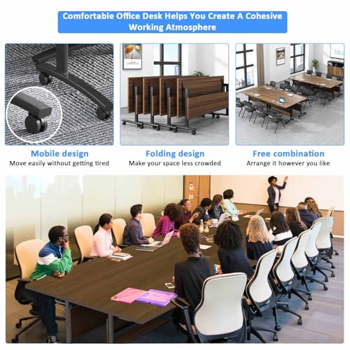 Folding Conference Room Tables,55" Flip Top Seminar Conference Tables,Foldable Meeting Table with Silent Wheels,Office Rolling Modular Meeting Room Table Mobile Training Tables (Walnut, 4 pack) Vlemkk