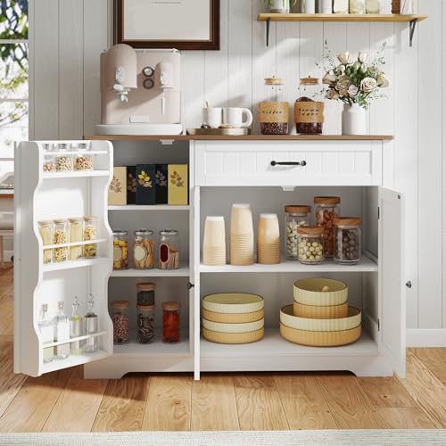 Gizoon Kitchen Coffee Bar Cabinet with Storage Kitchen Sideboard Buffet Cabinet with Drawers, Short Pantry with Door and Shelves for Bathroom and Living Room, White and Rustic Gizoon