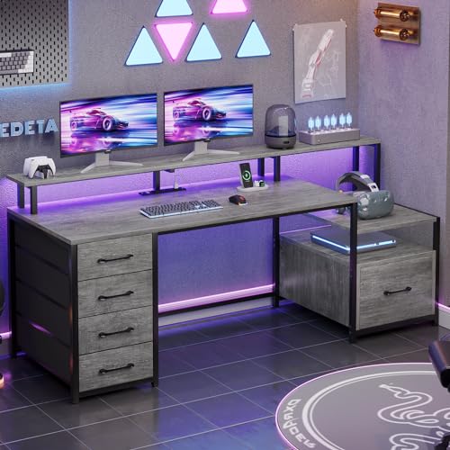 SEDETA Home Office Desk with File Drawer & Power Outlet, 66'' Computer Desk with 5 Drawer, Storage Shelves, Printer Cabinet and Monitor Shelf, Gaming Desk with Led Lights, Grey SEDETA