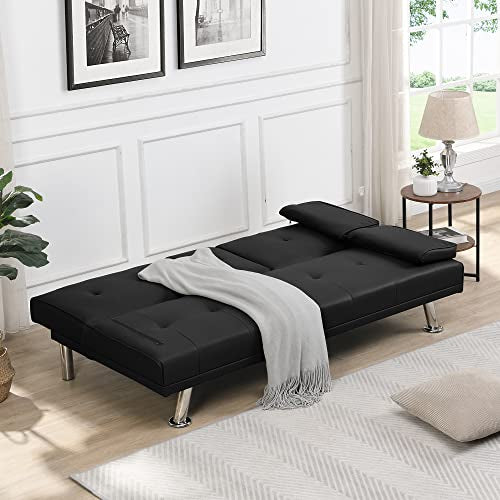 Futon Sofa Bed Modern Folding Couch for Small Space, Faux Leather Convertible Loveseat Sleeper Bed Daybed Recliner Lounge Sofas for Living Room,2 Cup Holders,Metal Legs,Removable Armrests (Black) Anwick