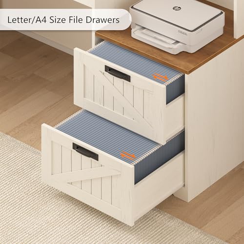 TVU Farmhouse L Shaped Desk with Drawers, 62.2" Home Office Desk with Storage Shelves and Power Outlet, L Shaped Computer Desk with Monitor Stand and Printer Shelf, Brown and White TVU