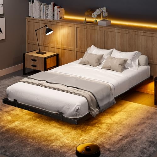 DICTAC Floating Bed Frame Twin XL Size with LED Lights, Metal Platform Twin XL Bed with Heavy Duty Steel Slats and 4 Mattress Slide Stopper, Black DICTAC