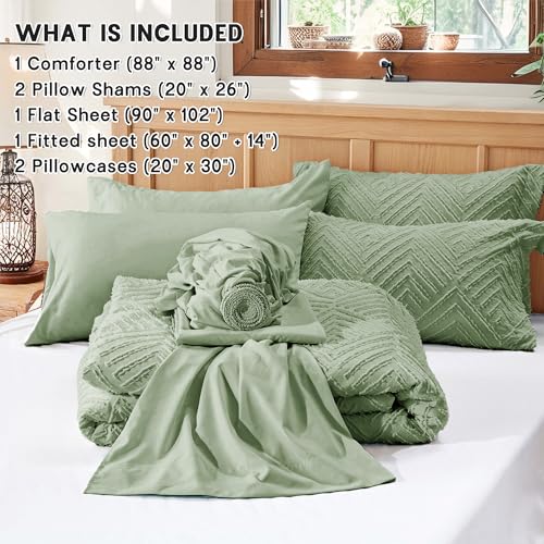 Zzlpp Queen Comforter Set 7 pieces, Sage Green Tufted Bed in a Bag with Comforter and Sheets, All Season Boho Bedding Sets with 1 Comforter, 2 Pillow Shams, 2 Pillowcases, 1 Flat Sheet, 1 Fitted Sheet Zzlpp