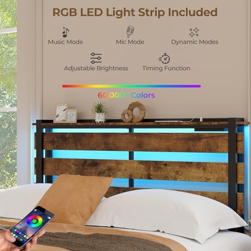 Giantex Full Bed Frame with LED Lights Headboard and 4 Storage Drawers, Metal Platform Bed with Outlets and USB Ports Charging Station, Easy Assembly, No Box Spring Needed, Smart LED Bed Frame Giantex