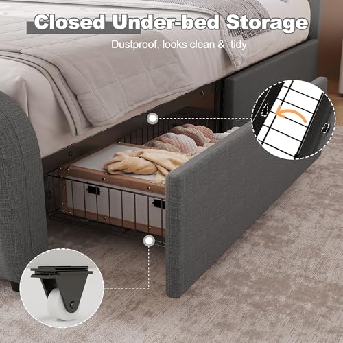 Decofy Queen Size LED Platform Bed Frame with Soft-Glow Mood Lighting & Adjustable Upholstered Headboard, Modern Linen Bed with Storage Drawers, Heavy Duty Metal Support, No Box Spring Needed, Grey Decofy