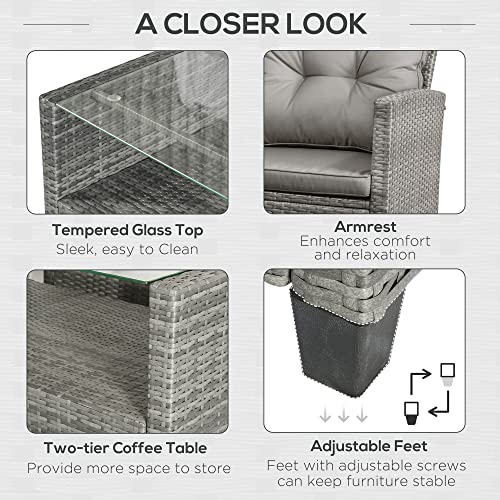 Outsunny 4 Pieces Patio Furniture Sets with Cushions, PE Rattan Wicker Conversation Chairs with Two-Tier Coffee Table for Backyard Porch Garden Poolside and Deck, Gray Outsunny