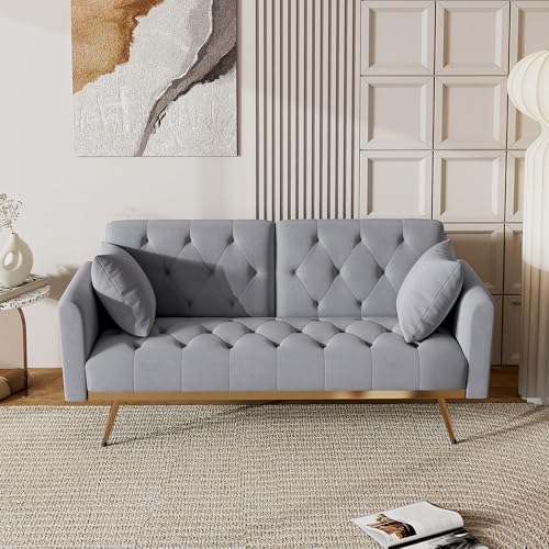 Modern Velvet 2 in 1 Futon Sofa Bed,Convertible Folding Sleeper Bed Couches with 2 Pillows,73" Tufted Recliner Love Seat with Golden Chrome Legs for Living Room Apartment Office (Grey-New) Anwick