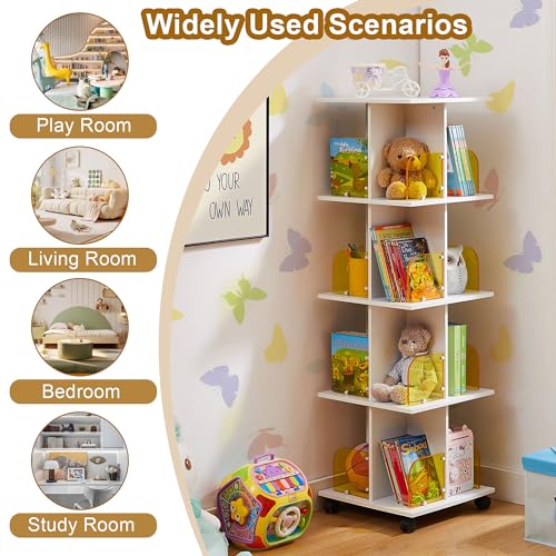 VECELO 4-Tier Rotating Corner Bookshelf with Wheels and Acrylic Dividers - Stylish Storage Solution for Home and Office VECELO