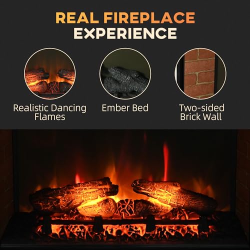 HOMCOM 27" Electric Fireplace Insert, Retro Recessed Fireplace Heater with Realistic Log Flame, Remote Control, and Adjustable Brightness, 1400W, Black HOMCOM