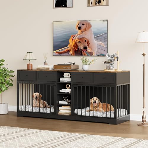 GarveeHome 82" Double Dog Crate Furniture, Large Dog Kennel Indoor for 2 Dogs, Heavy Duty Wooden Dog Crate TV Stand with 4 Drawers and Shelves, Black GarveeHome