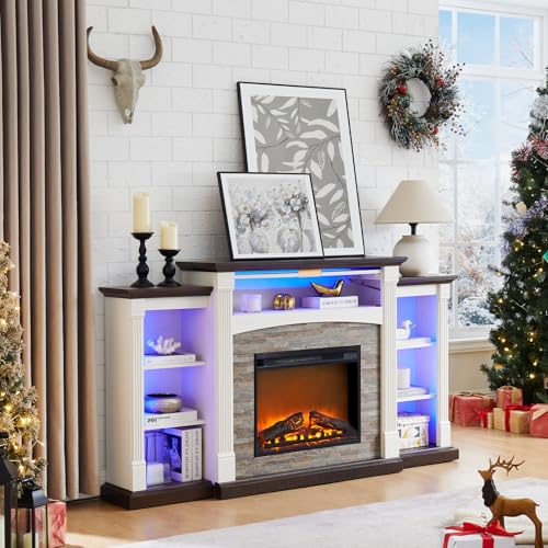 SAVOR LIFE Fireplace TV Stand for 80'' TV, 70" Electric Fireplace with Mantel, White Entertainment Center with Electric Fireplace & LED Lights, TV Console Fire Place TV Stands for Living Room SAVOR LIFE