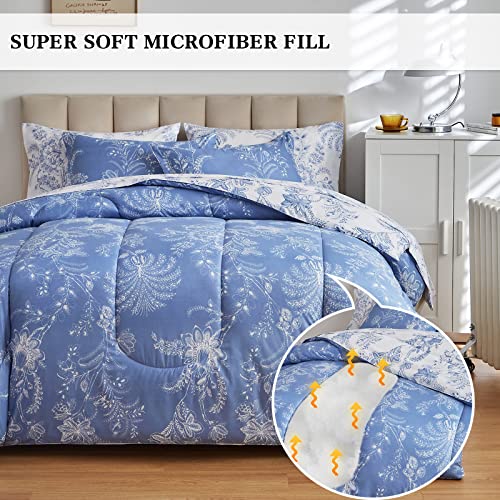 Flysheep Botanical Bed in a Bag Twin Size 6 Pieces, Reversible Blue and White Flower Printed Comforter Bedding Set (1 Comforter, 1 Flat Sheet, 1 Fitted Sheet, 2 Pillow Shams and 1 Pillowcase) Flysheep