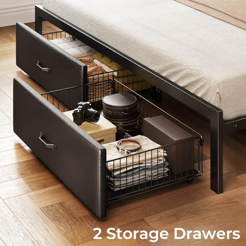 Rolanstar Bed Frame Full Size with Drawers and Charging Station, Upholstered Platform Bed with Storage Headboard and LED Light, Heavy Duty Metal Frame Support, No Box Spring Needed, Noise Free, Black Rolanstar