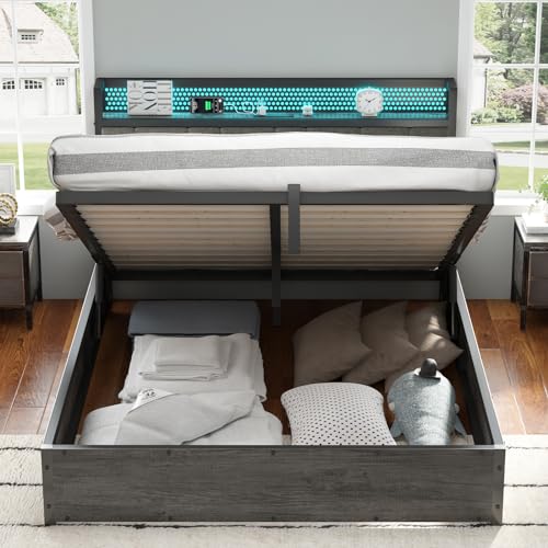 AMERLIFE Queen Size Lift Up Bed Frame with Linen Upholstered & LED Light & Storage Headboard, Platform Bed Frame with Charging Station, No Box Spring Needed, Noisy Free, Rustic Grey AMERLIFE