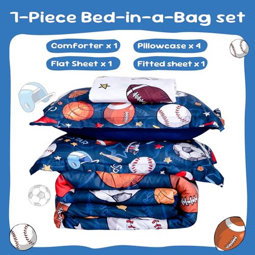 Wajade Sports Comforter Set - 7 Piece Queen Bedding with 3D Soccer, Basketball, Baseball, Football Design for Kids Wajade