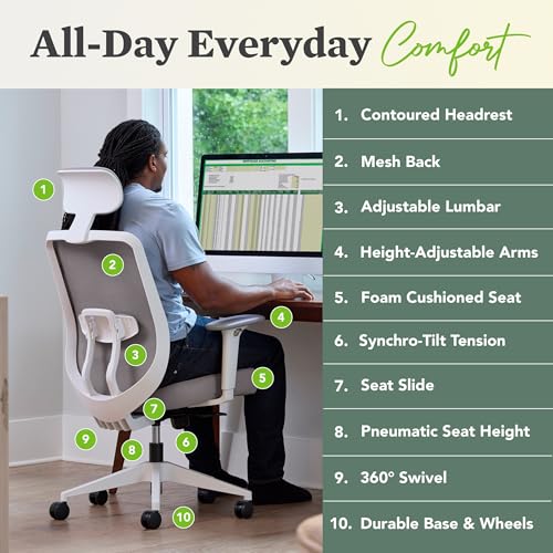 HON Altern Ergonomic Office Chair with Headrest, Arms, Foam Cushion Seat, Mid Back Home Office Desk Chair Comfy, Gaming Chair, Height Adjustable Arms, Synchro-Tilt, Seat-Slide, White Frame, Frost HON