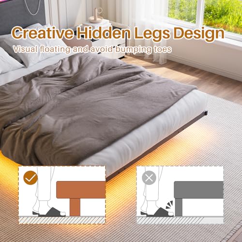 HOMERECOMMEND Floating Bed Frame Queen Size with Storage Headboard and Charging Station, Upholstered Platform Bed with LED Light, Heavy Duty Metal Slats, No Box Spring Needed,Black and Grey HOMERECOMMEND