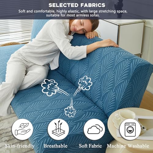 Stretch Armless Futon Sofa Cover- Futon Slipcover Full Queen Size Futon Couch Cover, Furniture Protector with Elastic Bottom, Washable, Polyester Spandex Jacquard Fabric (Orange, Medium(61"-73")) SUIOKPO