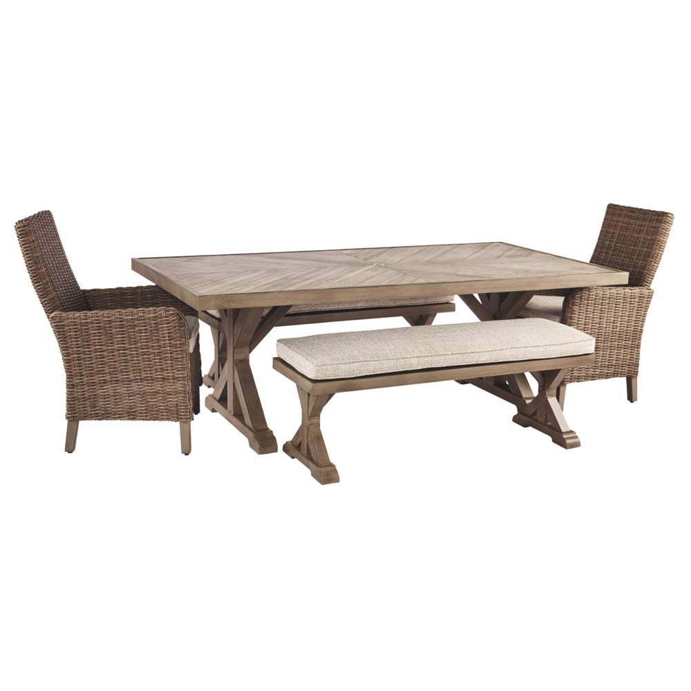 Signature Design by Ashley Beachcroft Patio Farmhouse Outdoor Upholstered Dining Bench, Beige Signature Design by Ashley