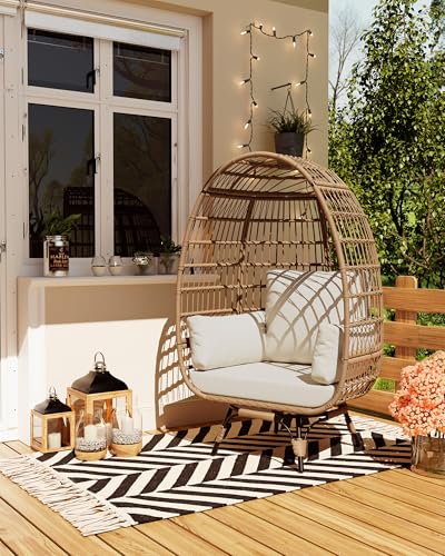 GarveeLife Oversize 360°Swivel Egg Chair Patio Rotating Rattan Egg Basket Lounge Chair, Wicker Egg-Shaped Chair w/Steel Frame Stand and 4 Cushions for Patio, Porch, Backyard, Living Room, Beige GarveeLife