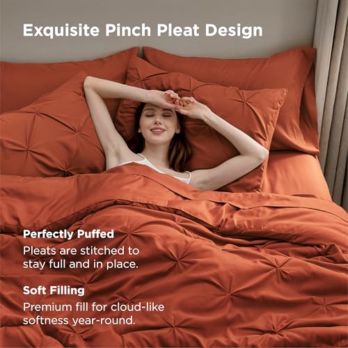 Bedsure Twin Comforter Sets - 5 Pieces Pintuck Bedding Sets Twin Size, Pinch Pleat Burnt Orange Bed in a Bag Twin with Comforter, Sheets, Pillowcase & Sham Bedsure