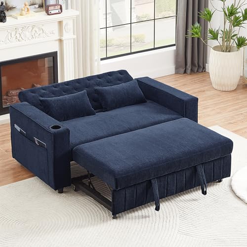 Merax 3 in 1 Convertible Sleeper Sofa Bed with Storage, Futon Couches for Living Room with USB Ports | CupHolder| Reversible Backrest | Pull Out Couch |Small Loveseat,Blue Merax