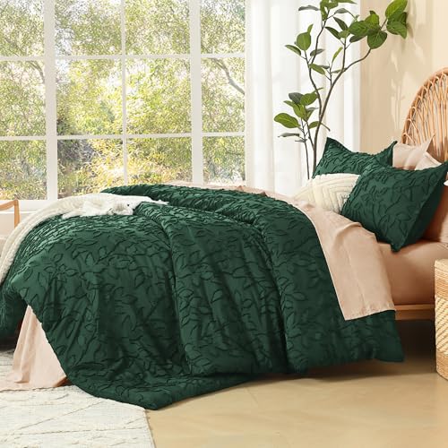 Litanika Queen Size Comforter Set Emerald Green, 3 Piece Dark Green Boho Tufted Bedding, Forest Green Fluffy Farmhouse Bed Set for All Season with 2 Leaf Pattern Pillowcases(90x90In)