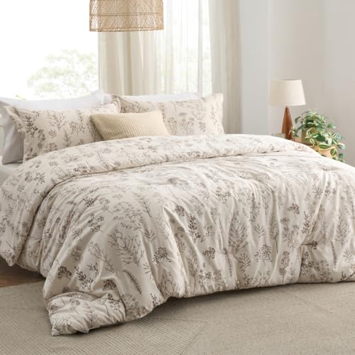 Bedsure Queen Comforter Set - Beige Bed Set, 3 Pieces Cute Floral Bedding, 1 Soft Botanical Flowers Comforter and 2 Pillow Shams Bedsure