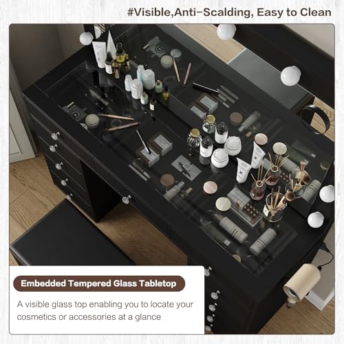 Yanosaku Vanity Desk & Power Outl, Makeup Vanity with Mirror and 12 LED Lights, Makeup Table with 11 Drawers, Vanity Table with Chair,Vanity Set 3 Lighting Modes Brightness Adjustable(Black) Yanosaku
