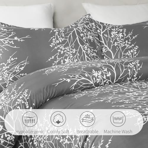 Vaulia Soft Microfiber Duvet Cover King Size, Grey and White Floral Branches Printed Pattern 3-Piece Set (1 Duvet Cover 2 Pillow Shams) Vaulia